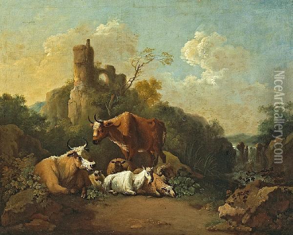Sheep And Cattle In A Landscape With Ruins Inthe Distance Oil Painting - Jakob Roos
