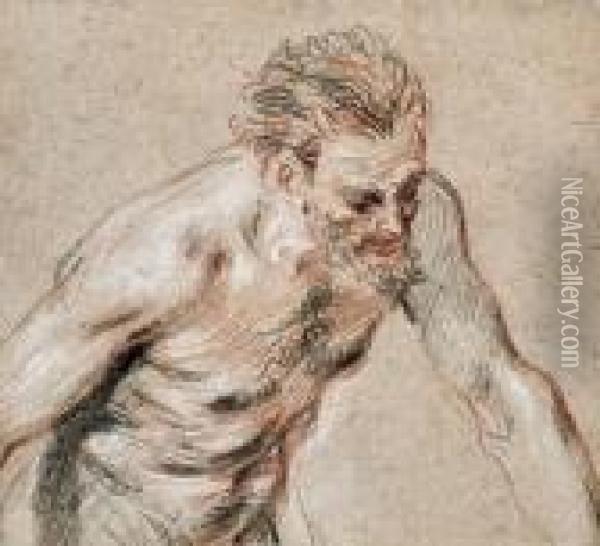 A Satyr, Half-length, Leaning Forward To The Right Oil Painting - Watteau, Jean Antoine