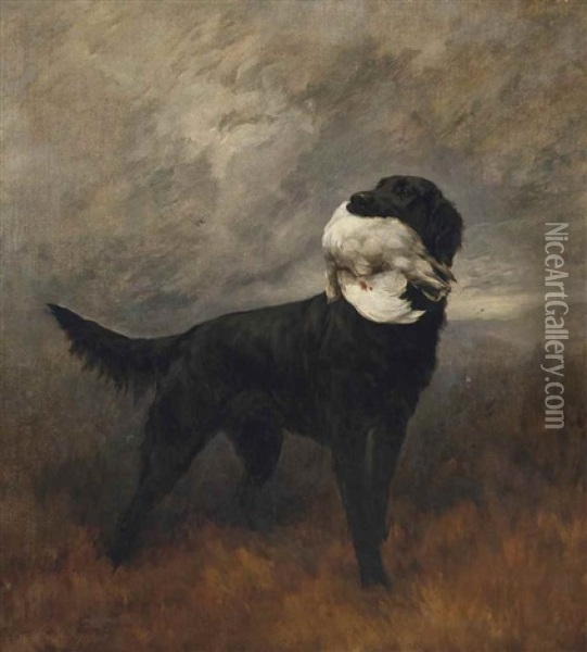 A Black Retriever In An Extensive Mountainous Landscape Oil Painting - Maud Earl