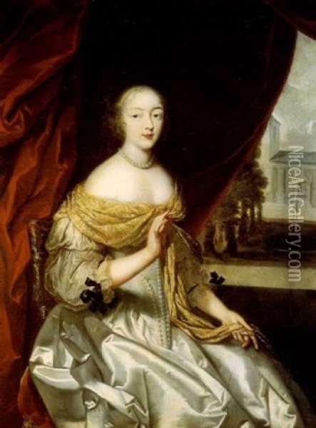 Portrait D'une Jeune Femme En Robe Blanche Devant Une Draperie Rouge Oil Painting - Charles Beaubrun