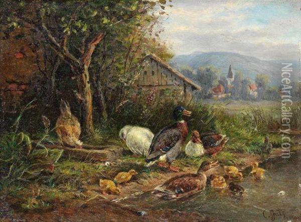 Entenfamilie An Einem Bachlauf Oil Painting - Carl, Jutz Jnr.
