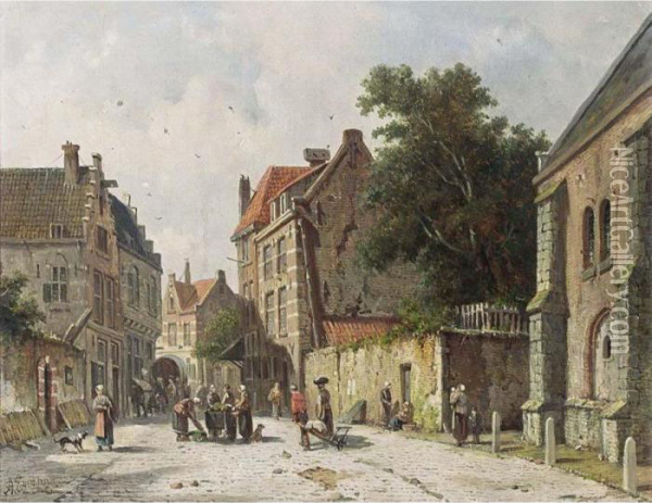 Villagers In The Streets Of A Dutch Town Oil Painting - Adrianus Eversen