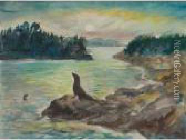 Seal On Rocks, Maine I Oil Painting - John Steuart Curry