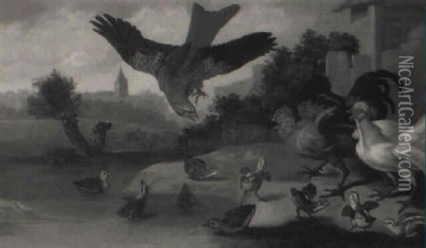 Chicks, Ducklings, A Cockerel And A Hen Frightened By A Hawk In A Yard Oil Painting - Francis Barlow