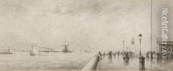 Figures On A Promenade With Shipping Beyond Oil Painting - Henri Seghers