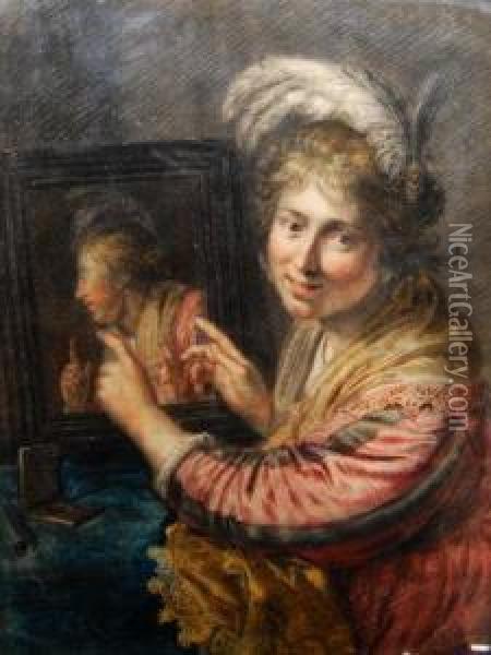 Portrait Of A Lady By A Mirror Oil Painting - Frans Hals