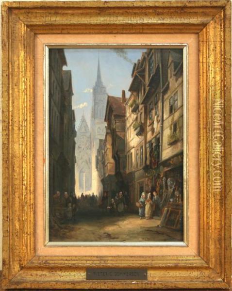 Continental Street Scene With Figures Outside Shops Oil Painting - Pieter Christiaan Cornelis Dommersen
