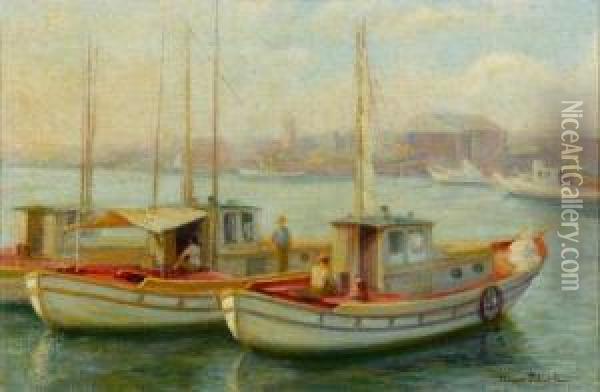 Fishing Boats In The Harbor Oil Painting - Donna Schuster