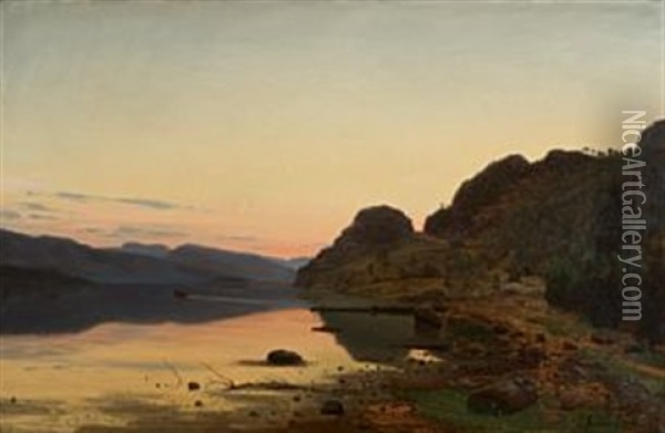 Aftenstemning, Skogsfjord, Mandal Oil Painting - Amaldus Clarin Nielsen