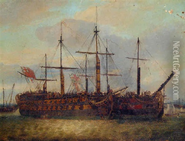 Men O' War At Anchor Oil Painting - Robert Dodd