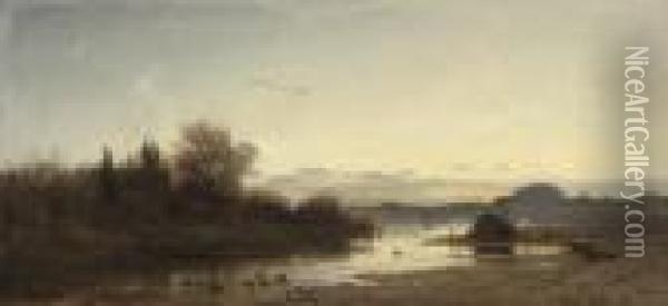 Ducks On A Lake At Dusk Oil Painting - Adolf Heinrich Lier