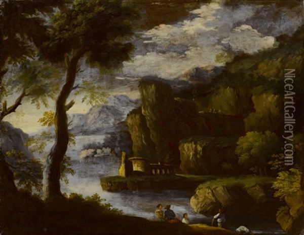 Arkadische Landschaft Mit See Und Figurenstaffage Oil Painting - Pietro Testa