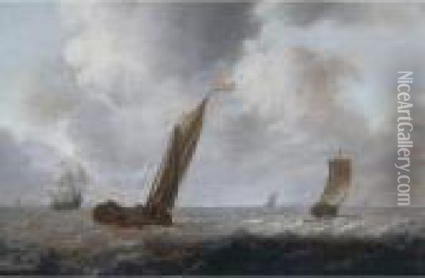 Fishing Boats And Other Vessels Offshore In A Choppy Sea Oil Painting - Simon De Vlieger