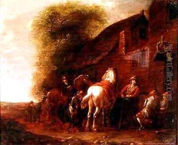 Horsemen outside a village inn Oil Painting - Cornelis van Essen