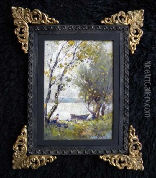 Untitled Lake, Boat And Person Oil Painting - Arthur Vidal Diehl