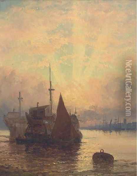 Old hulks on the Medway at dusk Oil Painting - William A. Thornley or Thornbery