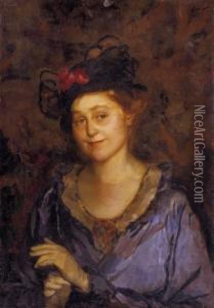 Lady In Blue Dress Oil Painting - Pal Javor