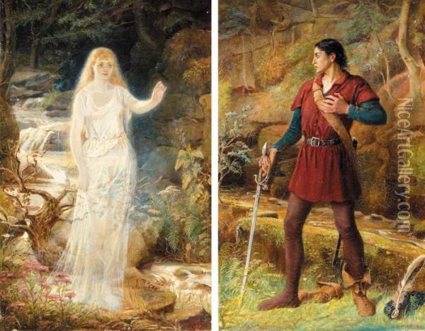 The Visitation: A Water Nymph By A Stream; A Swordsman Taking Fright Oil Painting - Arthur Howes Weigall