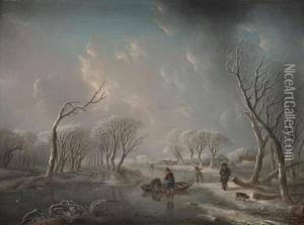 A Winter Landscape With Boys Skating On Afrozen River And A Man Walking His Dog Oil Painting - Andries Vermeulen