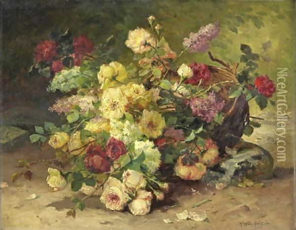 Basket Of Roses And Lilacs Oil Painting - Eugene Henri Cauchois