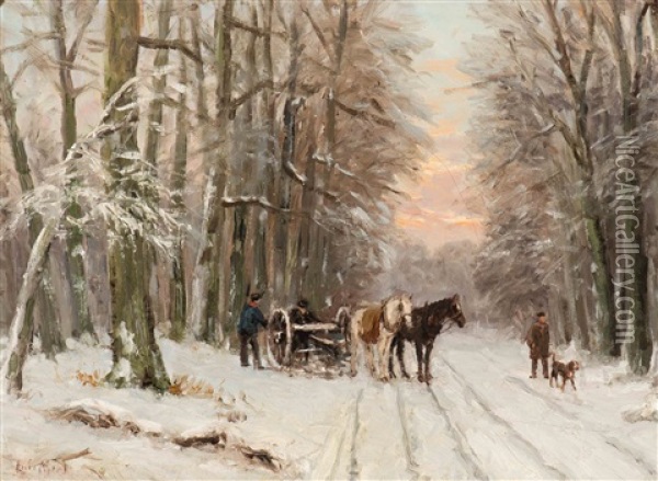 Walker With A Dog And The Loading Of The Logging Wheels On A Snow-covered Forest Path At Dusk Oil Painting - Louis Apol