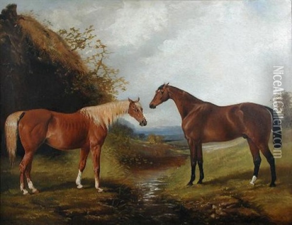 A Chestnut Hunter And A Dark Bay Hunter In A Landscape By A Brook Oil Painting - Henry Barraud
