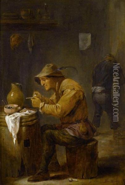 Man Cleaning A Pipe Oil Painting - David The Younger Teniers