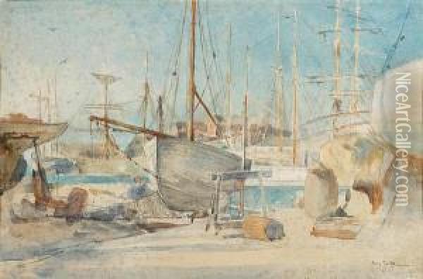 Boats In A Harbour Oil Painting - Henry Tonks