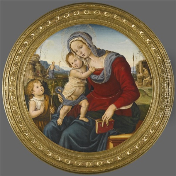 The Madonna And Child With The Infant Saint John The Baptist, Beyond Them A Landscape With Saints Jerome And Francis Oil Painting - Raffaelino del Garbo