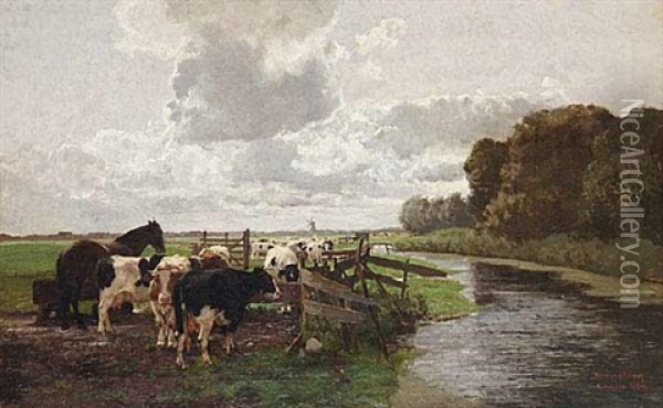 A Dutch Landscape With A Herd Of Grazing Cattle Oil Painting - Hermann Baisch