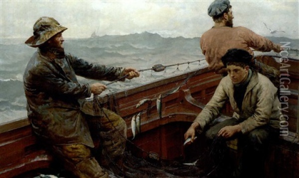 Hauling The Pilchard Nets Oil Painting - Herbert E. Butler
