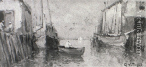Fishing Boats At Dock Oil Painting - Arthur Vidal Diehl
