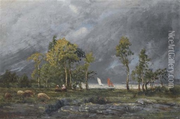 Voiliers Sur L'estuaire De La Loire Oil Painting - Marie Guillaume Charles Leroux