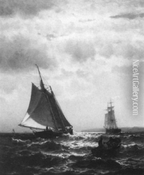 Ship, Schooner And Launch Off Coastal Cliffs Oil Painting - Mauritz Frederick Hendrick de Haas