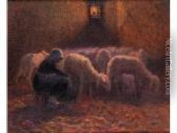 Bauerin Beim Melken Eines Schafes Ineinem Stallinneren Oil Painting - Giovanni Segantini