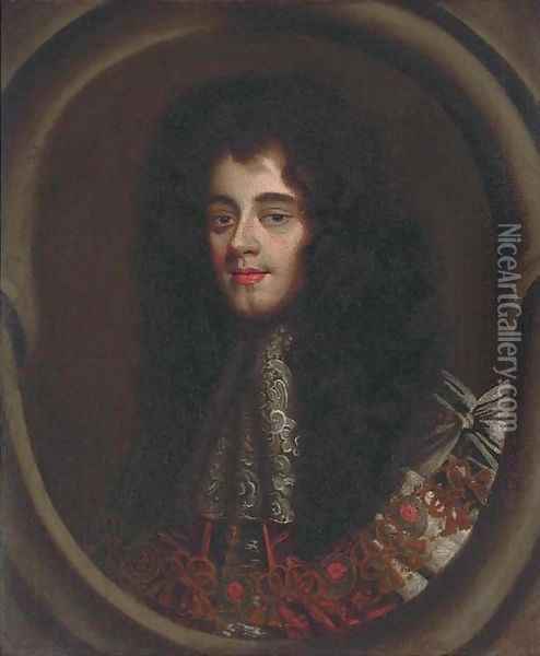 Portrait of Charles II (1630-1685), bust-length, in ceremonial robes and a lace jabot, feigned oval Oil Painting - Sir Godfrey Kneller