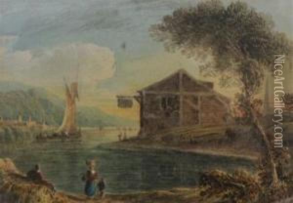 River Landscape With Waterside Inn Oil Painting - John Varley