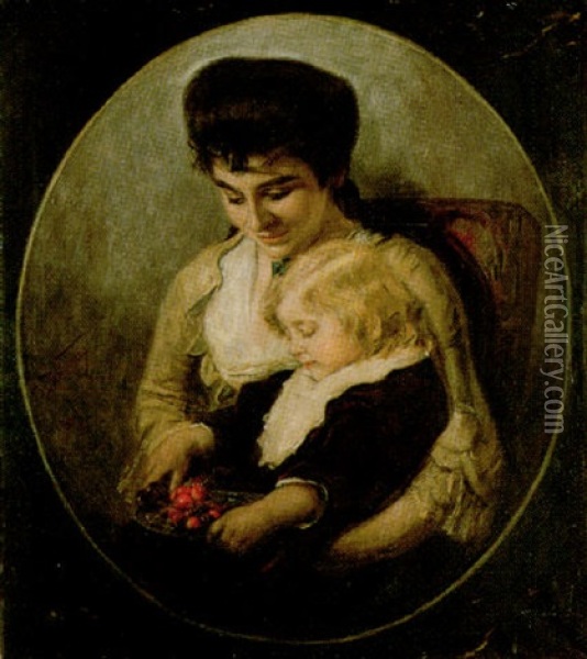 Mutter Mit Kind Auf Einem Sessel Sitzend, Eine Schale Mit Kirschen Haltend Oil Painting - Joseph Emanuel Weiser