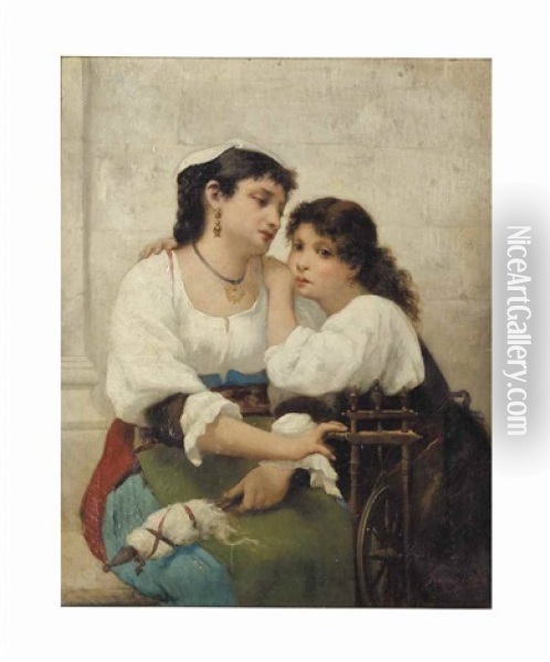 Mother And Daughter At The Spinning Wheel Oil Painting - Francois Lafon