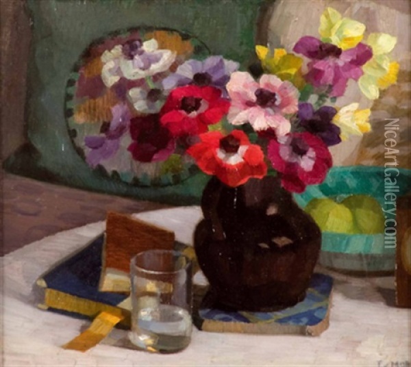 Stillleben Mit Blumen In Vase, Glas Und Buchern Oil Painting - Therese Von Mor-Sunegg