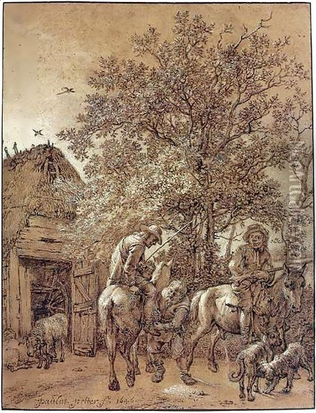 Horsemen near a Barn Oil Painting - Paulus Potter