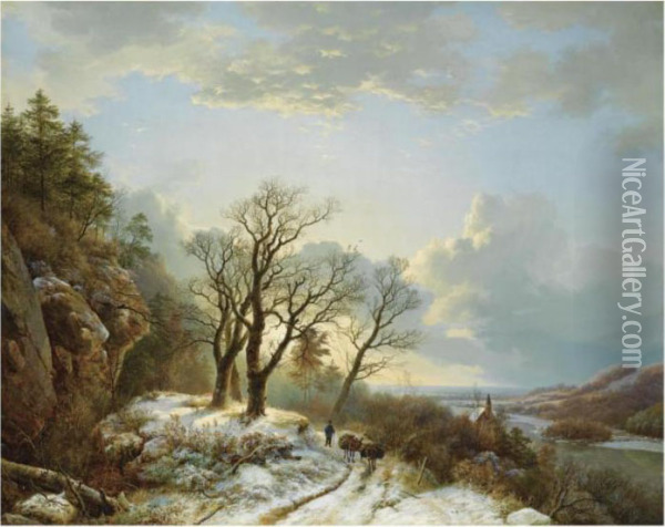 A Winter Landscape With A Traveller On A Path Oil Painting - Barend Cornelis Koekkoek