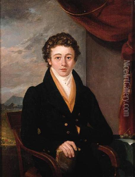 Portrait Of David Robertson, Seated Half-length, In A Black Coatand Yellow Waistcoat, Holding A Book In His Right Hand, A Landscapebeyond Oil Painting - Robert Gibb