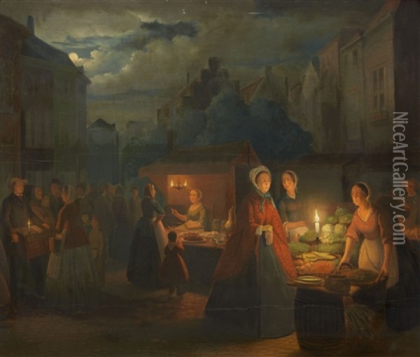 A Market Scene By Moonlight Oil Painting - Pieter Geerard Sjamaar