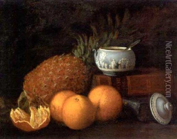 Still Life Of A Pineapple, Wedgwood Pot And Oranges, With Books To The Side Oil Painting - George F. Harris