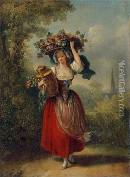 A Peasant Girl Carrying A Basket Of Fruit On Her Head Oil Painting - Jean-Frederic Schall