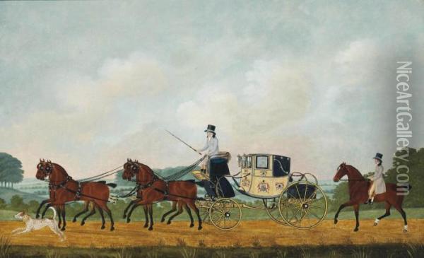A Coach And Four, Another Horseman Following Behind Oil Painting - John Cordrey