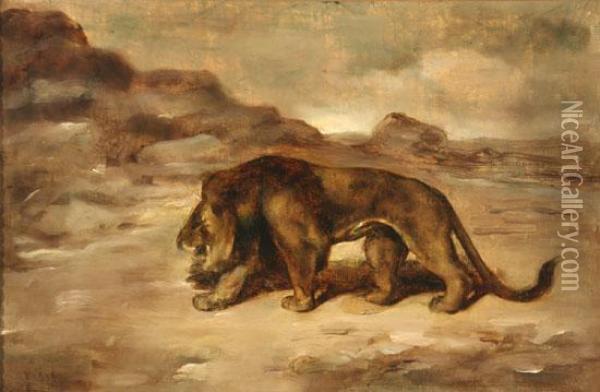 Lion In A Barren Landscape Oil Painting - Antoine-louis Barye