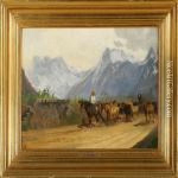 The Horses Are Driven Down From The Mountains, Italy Oil Painting - Adolf Henrik Mackeprang