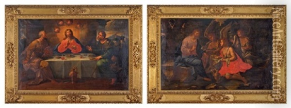 Repas A Emmaus & Le Christ Servi Par Les Anges (2 Works) Oil Painting - Francisco Pacheco